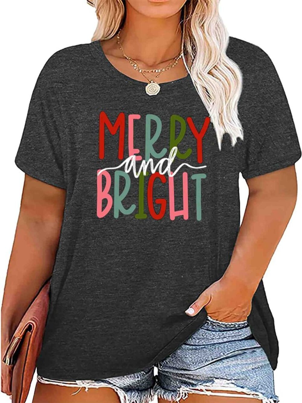 Plus Size Christmas Shirt Women Merry and Bright Short Sleeve Tee 2XL N-916